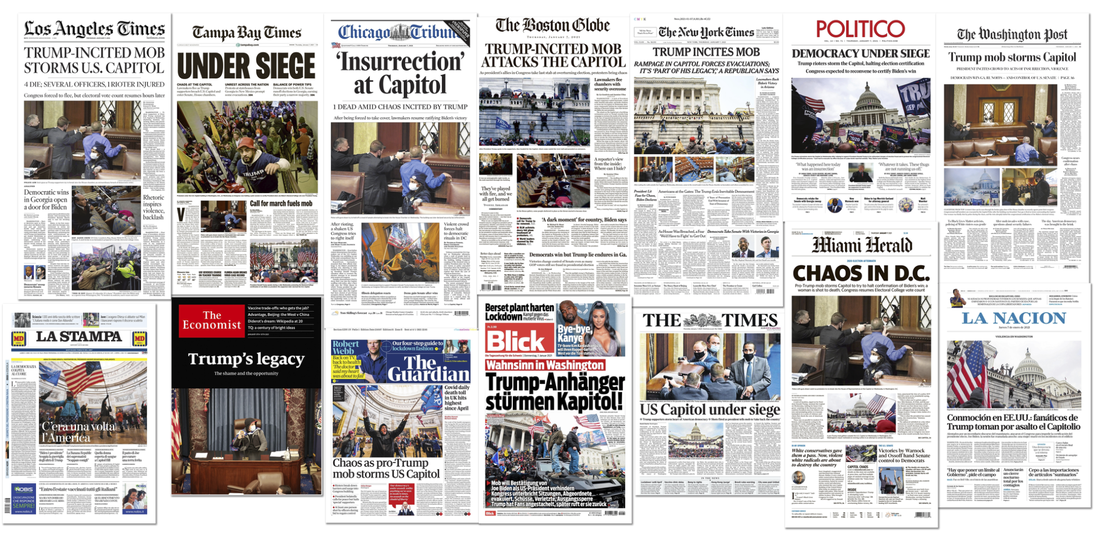 Collage of newspaper headlines discussing events at the US capital on Jan. 6, 2021.